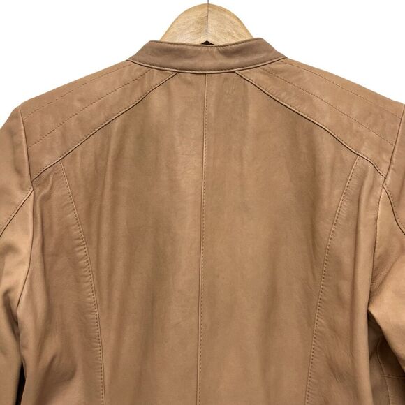 Cole Haan Lamb Leather Moto Jacket Zip Front Collarless Tan Nude Brown Women’s M - Picture 6 of 12